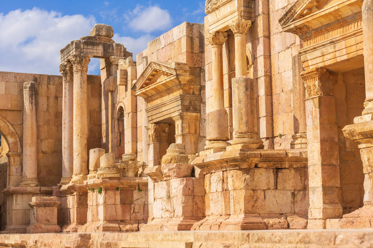 Jerash, Jordan close-up details of Roman amphitheater South Theatre in ancient city Gerasa archeological site